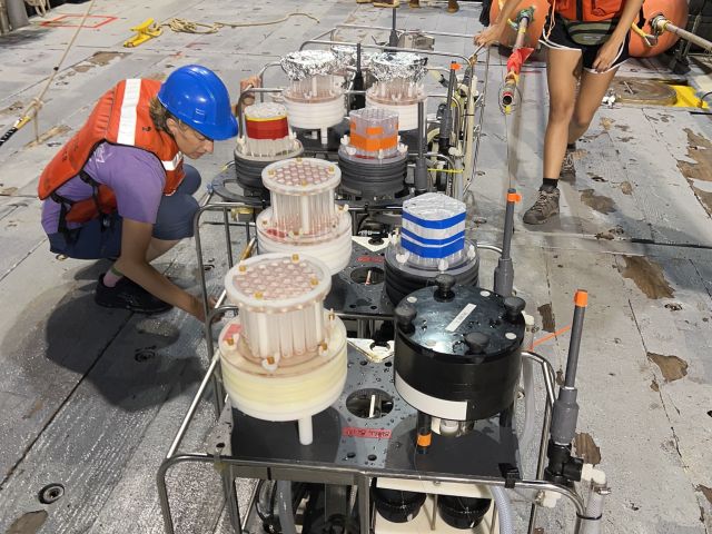 Preparing pumps for deployment on the deck of the R/V Atlantic Explorer